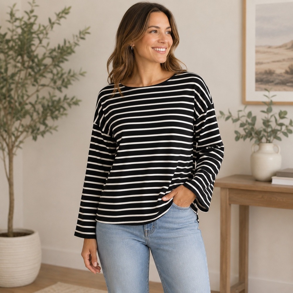 J Crew Womens XL Black White Striped Boat Neck Long Sleeve Relaxed Tee NWOT